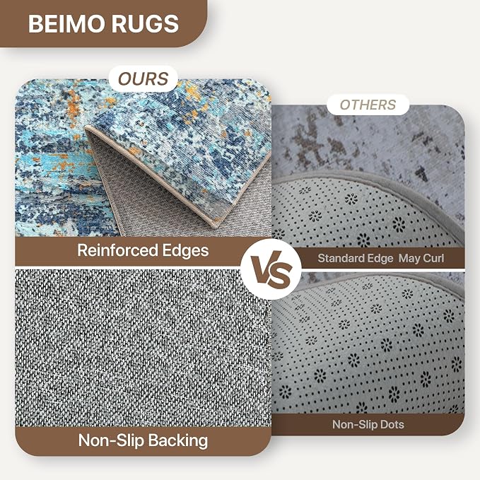 BEIMO 9x12 Washable Area Rug for Living Room, Wave Abstract Blue Orange | Soft Machine Washable Modern Rug,Streaks Pattern Non Slip Indoor Carpet for Dining Room Playroom Bedroom Office