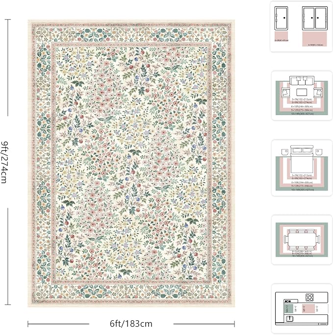 6x9 Area Rugs, Machine Washable Low Pile Floral Rugs for Living Room, Bedroom, Large Boho Area Rug with Non-Slip Backing for Dining Room(Pink Floral)
