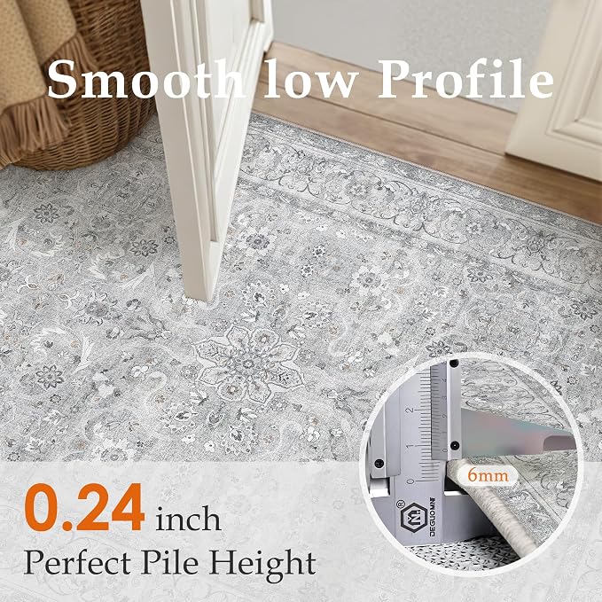 Gray 8x10 Washable Area Rug Vintage Distressed Carpet | Soft Low Pile, Non Slip, Stain Resistant, Large for Living Room, Bedroom, Dining Room, Kids Room, Retro Accent Decor