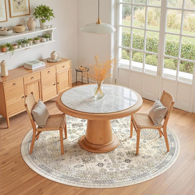 Round Rug 6ft,Circle Rug for Dining Room Table,Beige | Washable Rugs for Kitchen,Entryway,Bedroom,Dining Room,Nursery Room,Thin,Soft Runner Rug,Stain Resistant Indoor Carpet