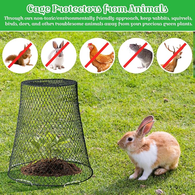 Therwen 15 Pcs Large Plant Wire Cloche 11 x 12 Inch Metal Garden Cloche with Garden Stakes Plant Protector from Animals for Keeping Bunnies Chicken Squirrels Birds (Black)