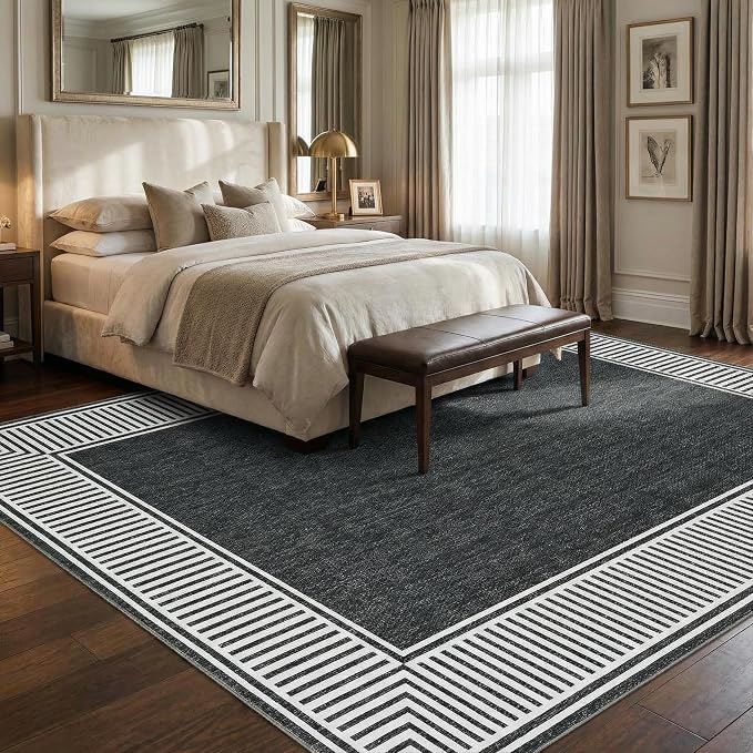 Garvee Modern Bordered Living Room Rug 9x12 Large Washable Rug Black | Soft Non Slip Foldable Indoor Carpet Low Pile Stain-Resistant Floor Cover for Bedroom Nursery Kids Room Office Playroom Dorm