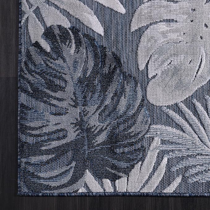 CAMILSON Indoor Outdoor Rug, Navy 7’10”x10’ Leaf Tropical Botanical Area Rugs for Indoor and Outdoor patios, Easy-Cleaning Non-Shedding Living Room, Garden and Kitchen Washable Outside Carpet (8x10)