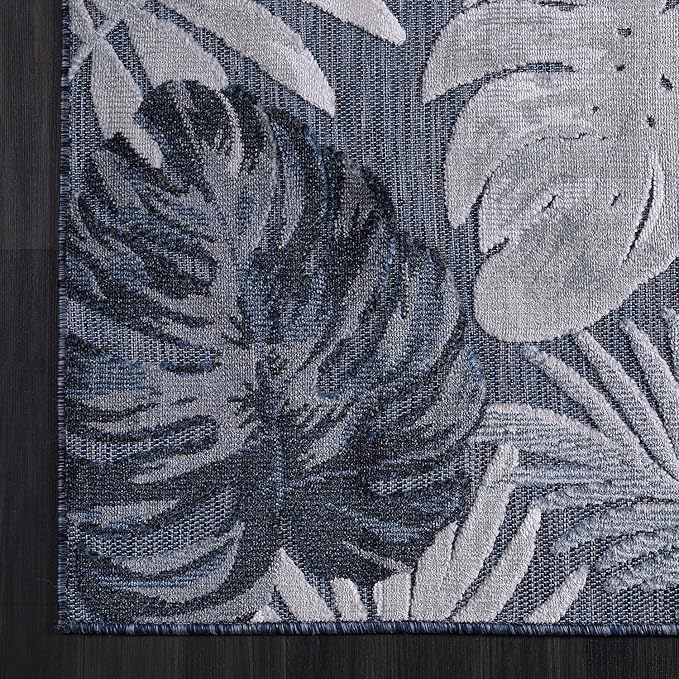 CAMILSON Indoor Outdoor Rug, Navy Blue 9’x12’ Leaf Tropical Botanical Area Rugs for Indoor and Outdoor patios, Easy-Cleaning Non-Shedding Living Room Garden and Kitchen Washable Outside Carpet (9x12)