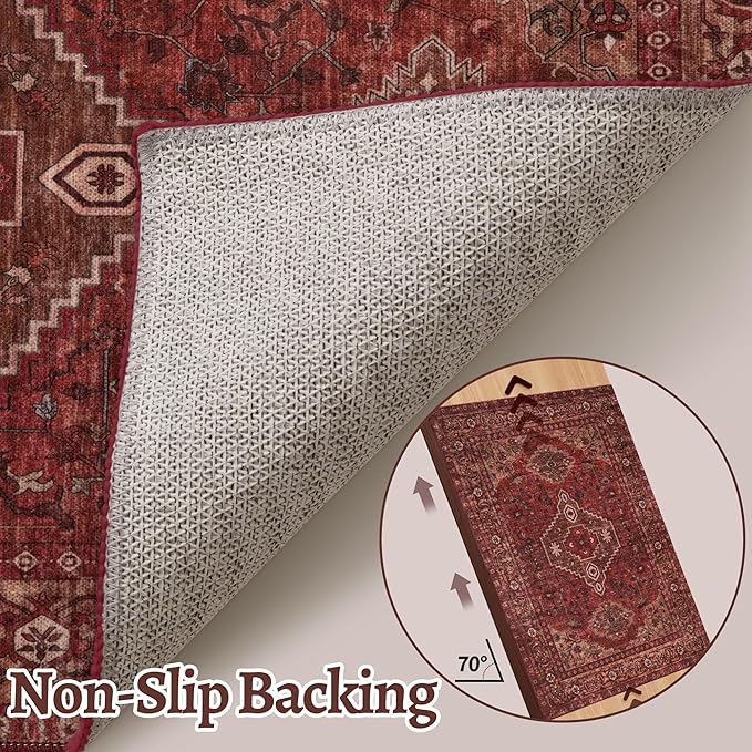 Tangsoo Red 8x10 Washable Area Rugs for Living Room, Non Slip Large Rug | Oriental Indoor Print Carpet, Boho Soft Low Pile Vintage Foldable Floor Rug for Bedroom Dining Room Dorm Dark Red Home Decor