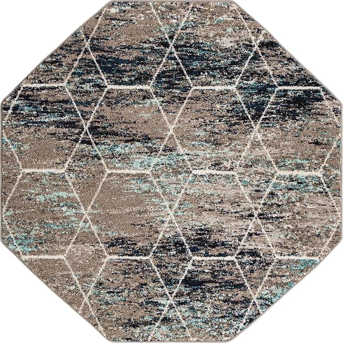 Unique Loom Trellis Frieze Collection Area Rug - Geometric (5' Octagon, Blue Multi/ Ivory)