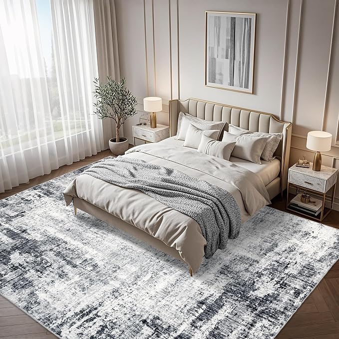 Washable 8x10 Area Rug: Modern Large Rugs for Living Room Dining Room Bedroom Office Indoor - Non-Slip Carpet Home Decor - 8x10 Black Grey