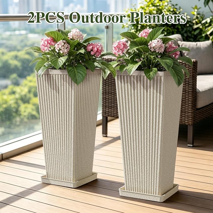 Front Porch Planters Outdoor Set of 2, 24" Tall Plastic Planters for Outdoor Plants with Drainage, Extra Large Outdoor Planter Pots, Tapered Tall Planters for Front Door & Indoor Plants, Beige