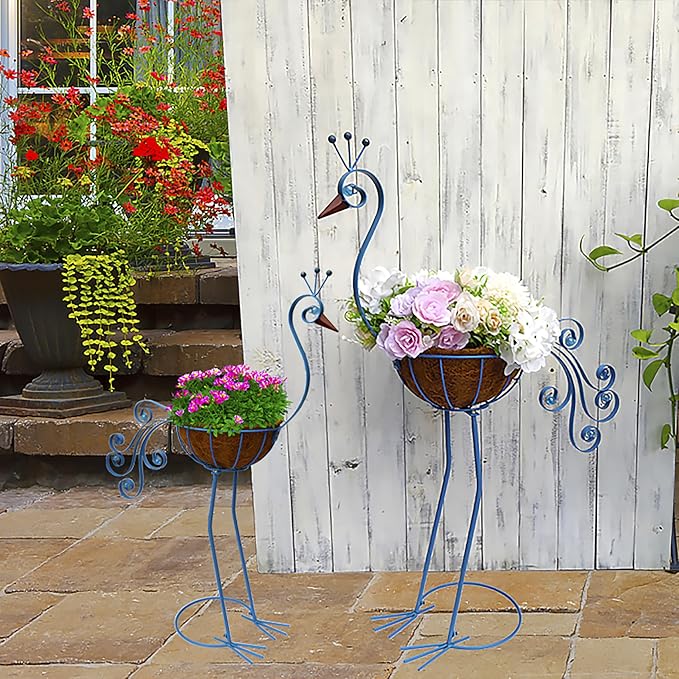 Blue Peacock Planters,Metal Peacock Plant Pots Decorations with Fiber Basket,Outdoor Indoor Standing Bird Planters Lawn Garden Décor Art for Lawn,Yard,Patio,Balcony Ornament（Set of 2）