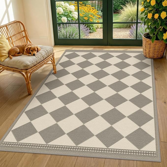 Diamond Corner Easy Jute Rug 4x6, Large Checkered Farmhouse Indoor Outdoor Patio Carpet for Backyard, Porch Decor, Low Profile Washable Non Slip Light Gray Area Rug for Living Room, Bedroom, Entryway
