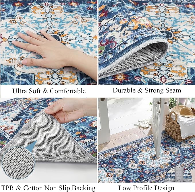 U'Artlines 2'x14' Boho Hallway Runner Rug Non Slip Washable Runners,Blue | Vintage Farmhouse Kitchen Rug Accent Area Carpet for Entryway Laundry and Living Room