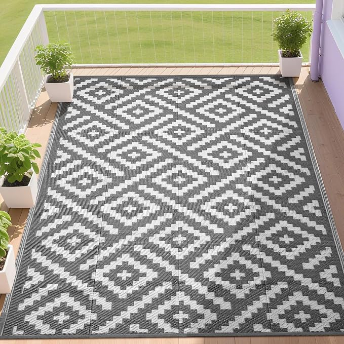 RURALITY Outdoor Rugs 6x9 Feet for Patios Clearance,Plastic Straw Waterproof Mats for Backyard,Porch,Deck,Balcony,Grey&White