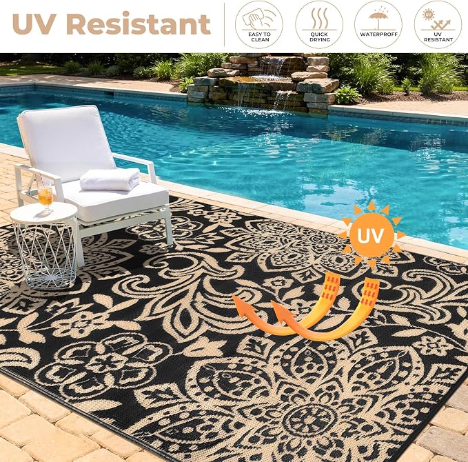Findosom Waterproof Outdoor Rug 6' x 9' - Reversible Mandala Outdoor Plastic Straw Rug, Durable Foldable Patio Rug for RV, Deck, Balcony, Backyard, Picnic, Porch, Camping, Beach, Black