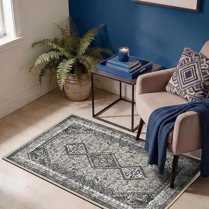 Keen Home Design Vintage Washable Entryway Rug, Non-Slip Low Pile, 2x3 | Machine Washable Cotton Chenille, 0.25In Low Pile, Rubber Non-Slip Back; Kitchen, Entryway, Bathroom, Bedside
