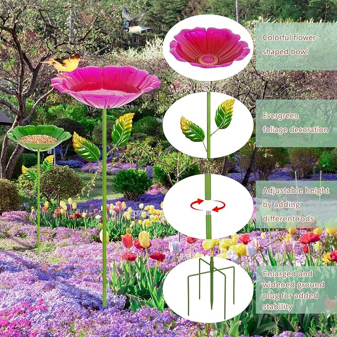 2 Pack Bird Baths for Outdoors, Colorful Metal Bird Bath for Outside, Hummingbird Bath with Five Stakes, Garden Flower Small Birdbath for Garden Decor, 31.3" H x 10.63" Dia (Red,Green)