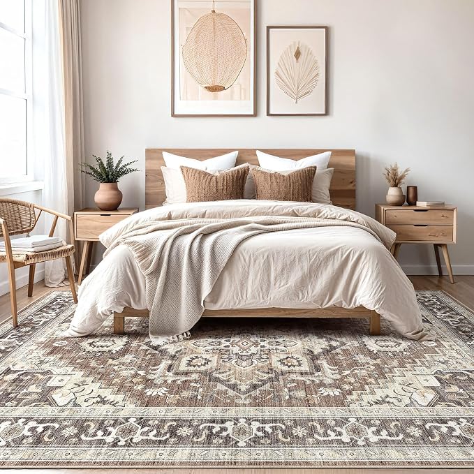 DTICON Vintage Washable 8x10 Area Rug Living Room Rugs, Dark Brown | Boho Distressed, Pet & Kid Friendly, Non-Slip Backing, Soft Polyester, Low-pile Carpet for Living Room, Bedroom, Dining Room