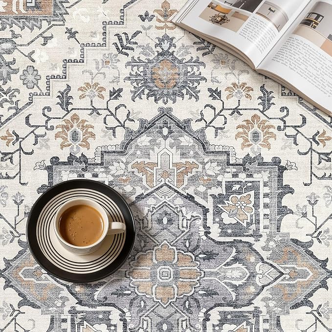 UERMEI 5x7 Area Rug Living Room Rugs - Washable Vintage Soft Large Rug Indoor Floor No Slip Rug Carpet for Bedroom Farmhouse Under Dining Table Home Office Decor - Grey-Orange