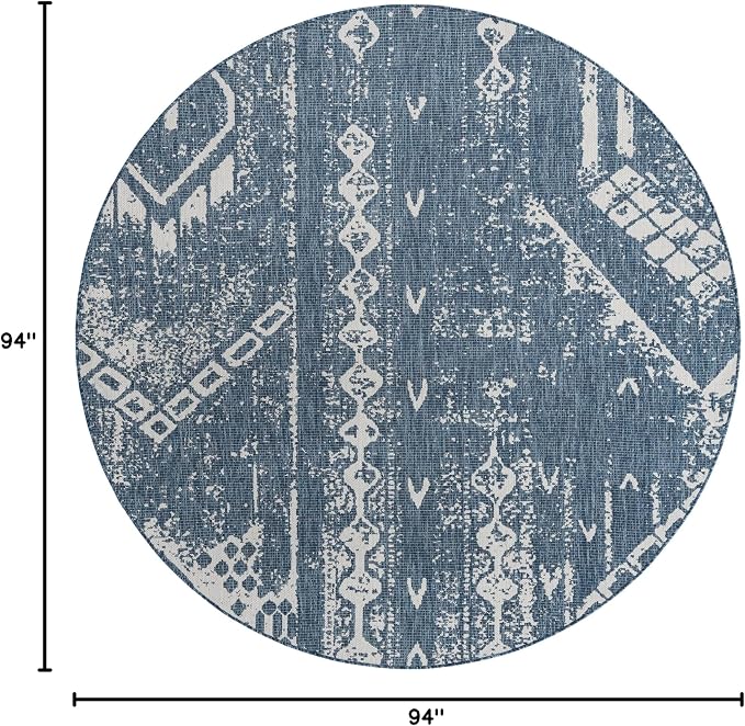 Unique Loom Outdoor Bohemian Collection Area Rug - Anthro (7' 10" Round, Blue/ Ivory)