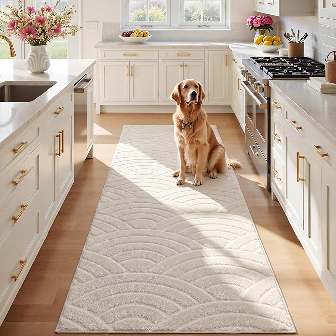 SHACOS Soft Fluffy Arch Waves Runner Rug for Bedroom, 2'x6' Cream | High-Low Textured Non Slip Washable Minimalist Modern Graphic Rainbow Carpet for Hallyway