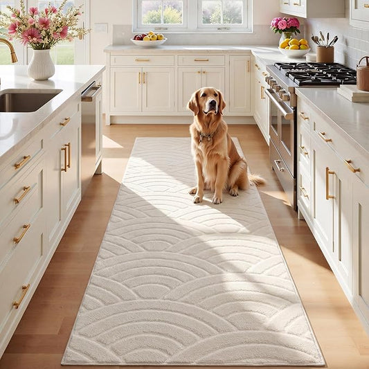 SHACOS Soft Fluffy Arch Waves Runner Rug for Bedroom, 2'x6' Cream | High-Low Textured Non Slip Washable Minimalist Modern Graphic Rainbow Carpet for Hallyway