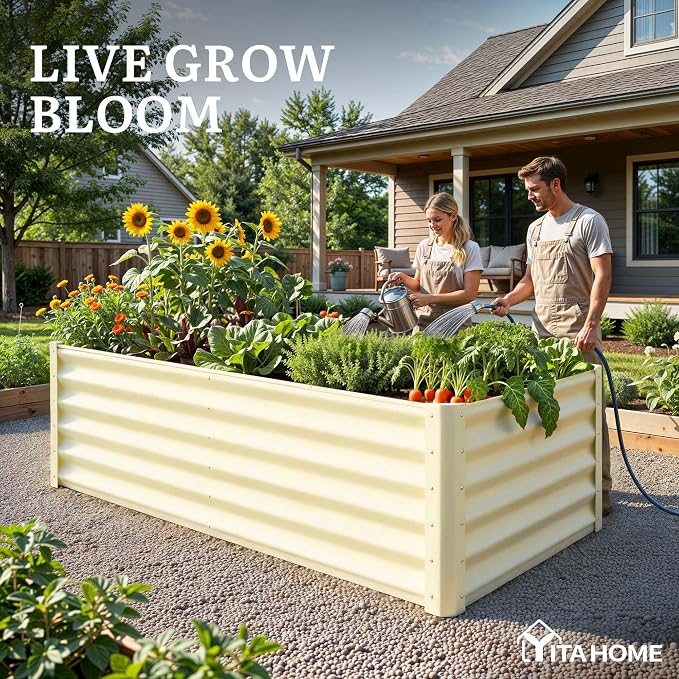 YITAHOME 6x3x3ft Galvanized Raised Garden Bed, Metal Planter Box with Safety Rubber, Gloves, Outdoor Flower Bed for Planting Plants Vegetables, Cream Yellow
