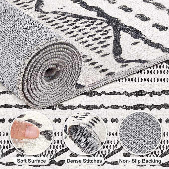 Nakagishi Black Rug Living Room Rugs: 10x14 Machine Washable Boho Large Neutral Modern Soft Moroccan Stain Resistant Indoor Floor Non Slip Accent Carpet for Bedroom Nursery Kids Playroom Office