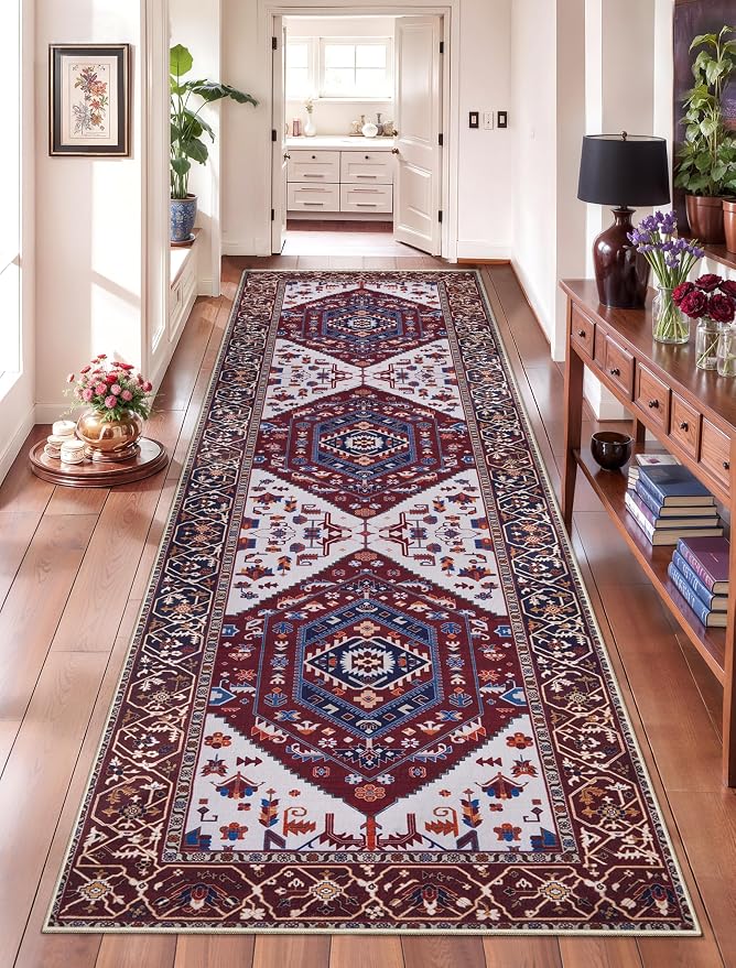 SERISSA 2'6"x8' Washable Non Slip Boho Runner Rug for Hallway | Ultra Soft Vintage Oriental Carpet Low-Pile Burgundy Navy Floor Carpet for Kitchen Bedroom Bathroom Laundry Room