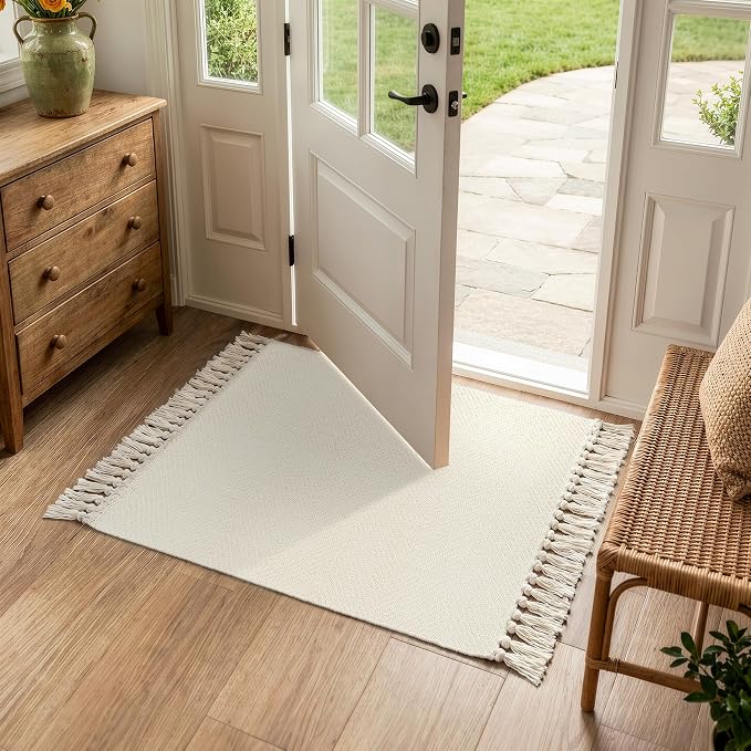 White/Cream Bathroom Rug 2' x 3', Small Farmhouse Kitchen Rugs | Modern Hand Woven Washable Entryway Rugs, Low Profile Front Door Mat, Reversible Braided Carpet for Porch Bedroom Boho Decor