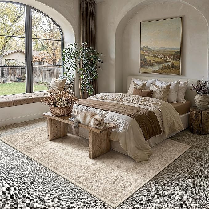 Beige Area Rug 8x10 Living Room Neutral Vintage Non-Slip Carpet | Machine Washable, Soft, Low Pile, Distressed, Large for Bedroom, Dining Room, Office, Retro Home Decor