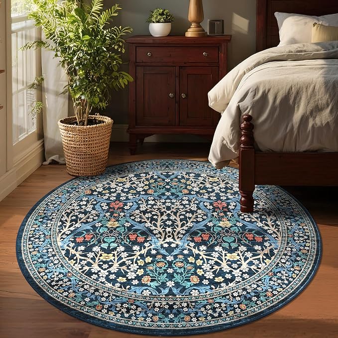 GarveeHome Dark Blue Floral 4 ft Round Rug Washable Non-Slip Soft Low Pile Small Circle Carpet Vintage Rugs for Kitchen Bedroom Nursery Dining Living Room