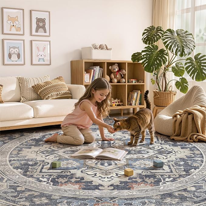 Round Washable Area Rug 8ft, Boho Vintage Distressed Oriental Medallion, Neutral Blue, Thin Carpet for Living Room Bedroom Home Office Decor -Blue