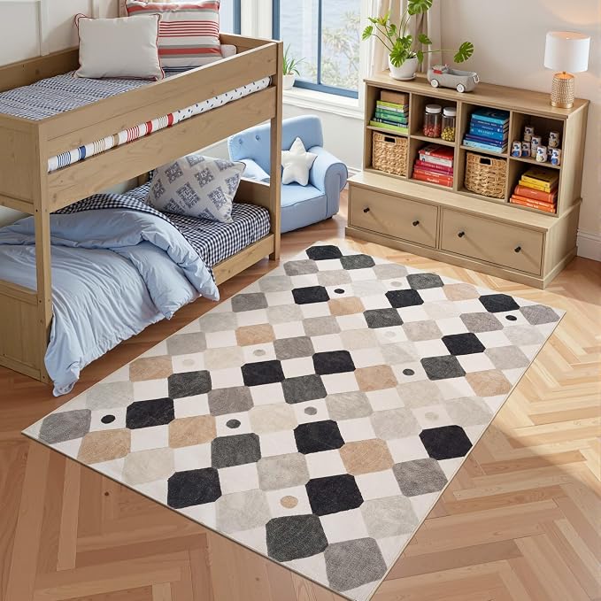 jinchan 5x7 Nursery Rug Washable Kids Playroom Rug Black and White Marble | Soft, Non-Slip, Cute, Kid-Friendly, Checkered Diamond, Play Mat, Black White on Cream, Classroom, Bedroom, Dorm, Living Room