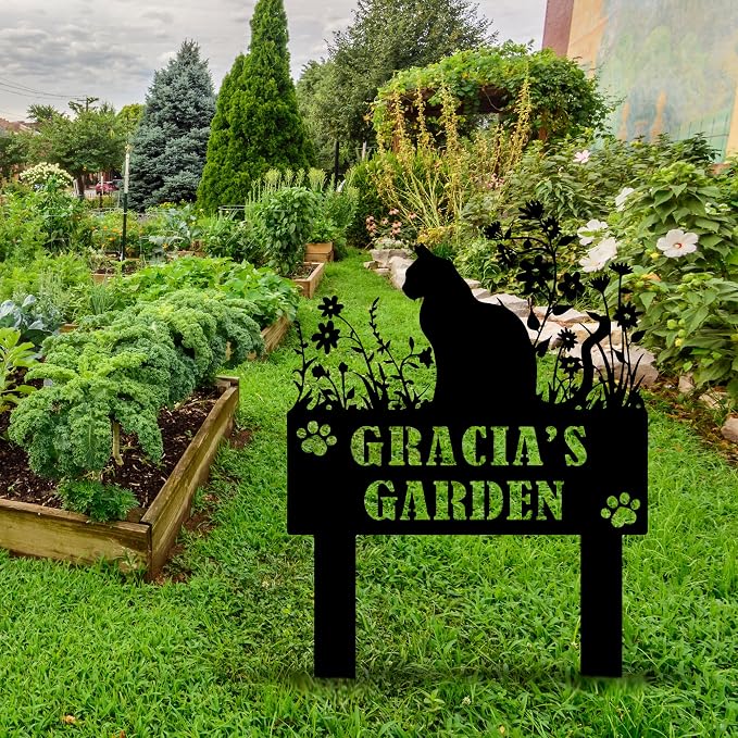 Custom Cat Garden Sign with Stake, Persnalized Metal Sign for Outdoor, Customized Metal Yard Decor, Patio Lawn Art, Custom Pet Name for Farmhouse, Housewarming Gift