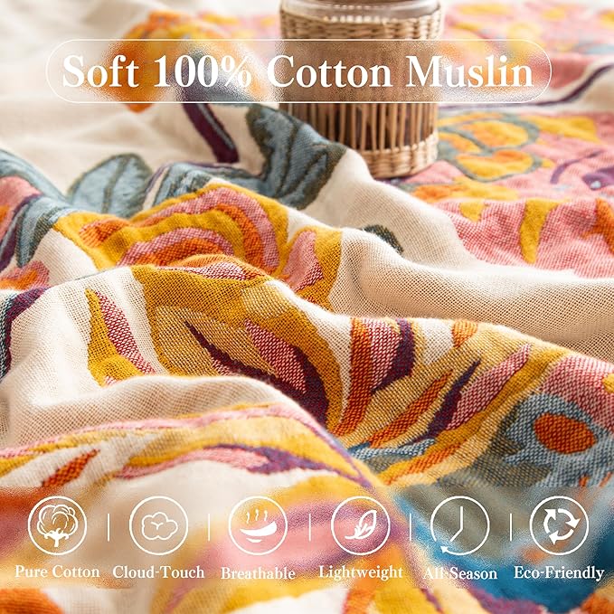Phuryllic Boho Throw Blanket Full Size, Extra Large Soft Cozy Cotton Muslin Quilt Blanket for Bed Decor, Floral Patterned Couch Sofa Chair Cover, Vintage Farmhouse Cottage Woven Blanket, Yellow&Blue