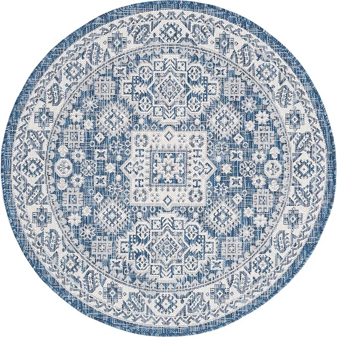 Unique Loom Outdoor Aztec Collection Area Rug - Chalca (4' 1" Round, Blue/ Ivory)