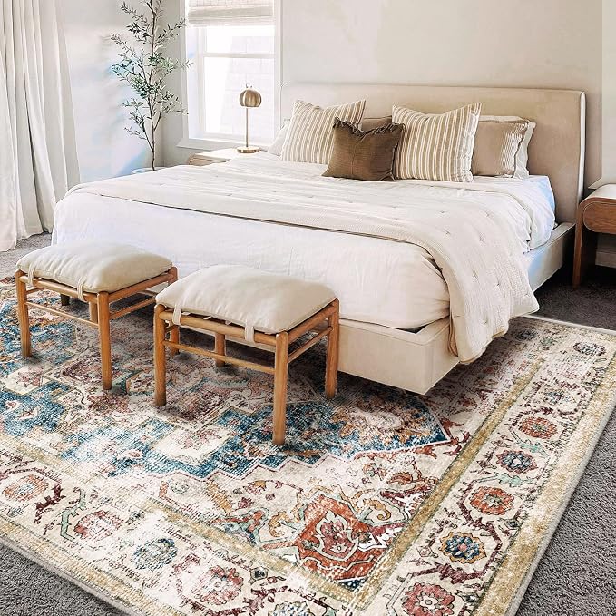 CHAMPLANT Washable Area Rug 10'x14' Beige Blue Boho Chic Medallion Distressed Design Non-Shedding Easy Care Ideal for High Traffic Areas in Living Room Bedroom Office Coffee Table Large Carpet