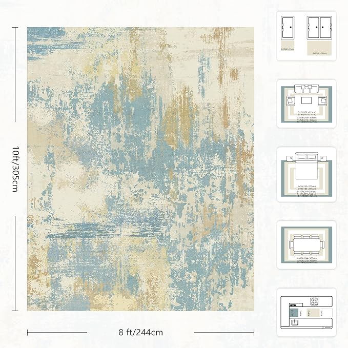 8x10 Rugs for Living Room - Modern Abstract Washable Rug, Ultra Soft Non Slip Low Pile Large Rugs, Floor Carpet for Bedroom Dining Room Office Laundry Nursery Home（Blue&Beige）