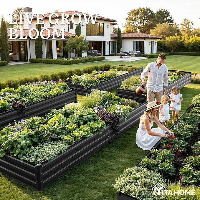 YITAHOME 2pcs 12x4x1ft Galvanized Raised Garden Bed, Metal Planter Box with Safety Rubber, Gloves, Outdoor Flower Bed for Planting Plants Vegetables, Black