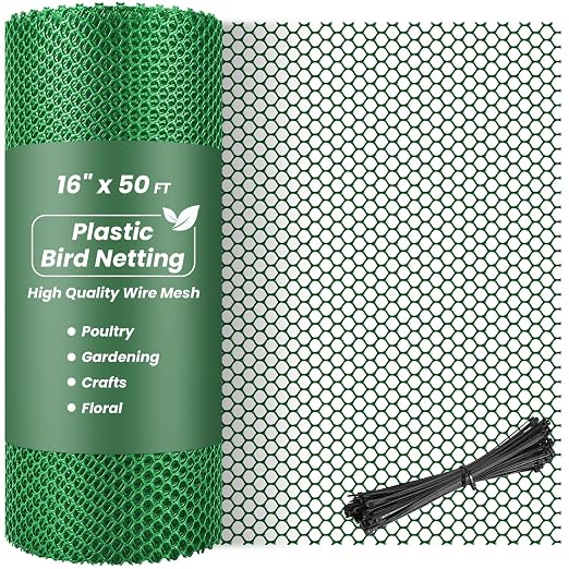 Toolterritary 16IN x 50FT Plastic Chicken Wire Mesh, Chicken Wire for Floral Arrangements, Chicken Wire Mesh for Crafts with 100 Pcs Zip Ties, Mesh Fence for Dogs, Deers, Poultry