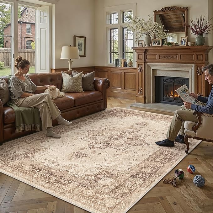 Brown 8x10 Washable Area Rug Living Room Vintage Oriental Carpet | Soft Low Pile, Non Slip, Stain Resistant, Floral Medallion, Retro Indoor Decor for Bedroom, Dining Room, Kids Room, Office