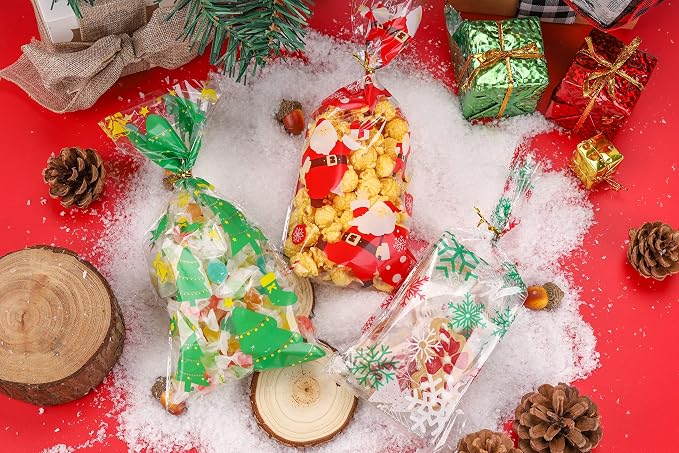 150PACK Christmas Cellophane Bags Treat Cookie Gift Bags with Twist Ties for Christmas Party Favors(150PACK, 5x10inch)