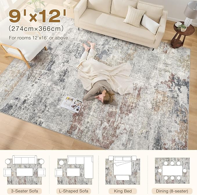 DMOYEST 9x12 Area Rug for Living Room Washable Abstract Indoor Carpet | Neutral Modern Low Pile Rugs Kid & Pet Friendly Large Soft Thin Carpet for Bedroom Dining Room - Grey/Orange/Yellow