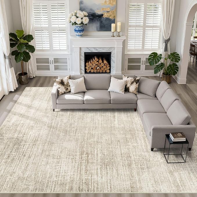 LOONGRUG 10x12 Area Rug Washable Neutral Modern Rug for Living Room Beige | Large Abstract Soft Stain Resistant Indoor Non-Slip Carpet for Bedroom Nursery Kids Office Dining Room