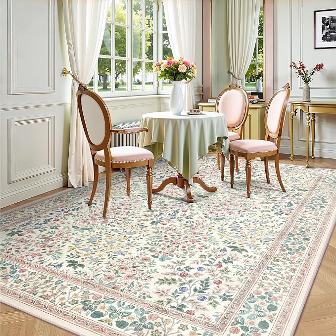 6x9 Area Rugs, Machine Washable Low Pile Floral Rugs for Living Room, Bedroom, Large Boho Area Rug with Non-Slip Backing for Dining Room(Pink Floral)