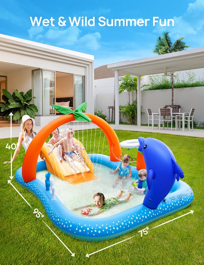 Inflatable Kids Pool, Kiddie Pool with Water Slide, Coconut Palm Sprinkler | Inflatable Play Center, 95"x75"x40" Outdoor Blow-Up Splash Pad Pools for Toddlers Ages 2+, Water Park for Summer Fun