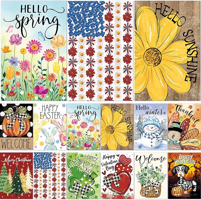 Seasonal Garden Flags Set of 12 Double Sided 12 x 18 Inch Yard Flags,Small Garden flags for outside,4th of July Summer Fall Garden Flag,Christmas Halloween Easter Outdoor Decor, Holiday Flags for All Seasons