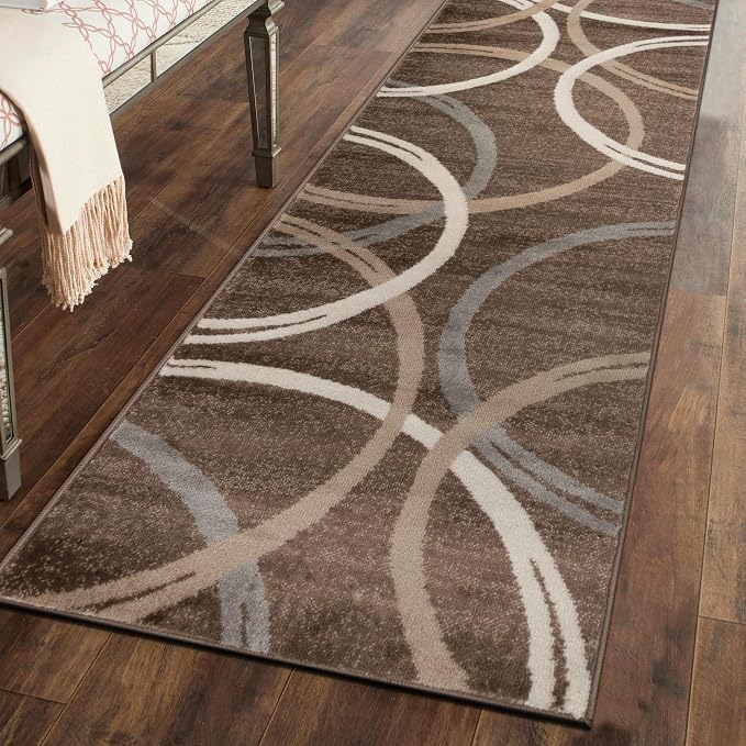 Rugshop Wavy Circles Modern Non-Shedding Runner Rug Brown 2'7" x 6' | Rectangular, Size 2'7" x 6', Living Room, Bedroom, Dining Room, Home Office, Kitchen, Entryway, Hallway, Nursery, Kids Room