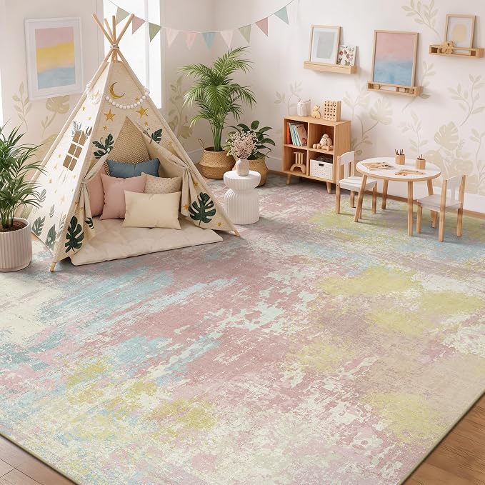 8x10 Rugs for Living Room - Modern Abstract Washable Rug, Ultra Soft Non Slip Low Pile Large Rugs, Floor Carpet for Bedroom Dining Room Office Laundry Nursery Home（Macaron Colors）