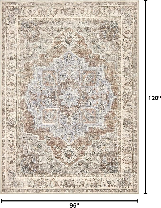 8x10 Washable Area Rug: Vintage Neutral Soft Non Slip Thin Large Floor Carpet for Living Room Bedroom Kitchen Dining Room Home Office Farmhouse Indoor - Grey Brown