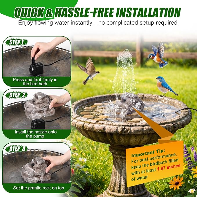 Saillong All Weather Electric Bird Bath Fountain, 8W Water Pump Resin Granite Rock with 2 Nozzles ＆ 3 Adjustable Flow Modes, IPX8 Waterproof Outdoor Fountain Pump for Bird, Birdbath, Fish Tank, Ponds